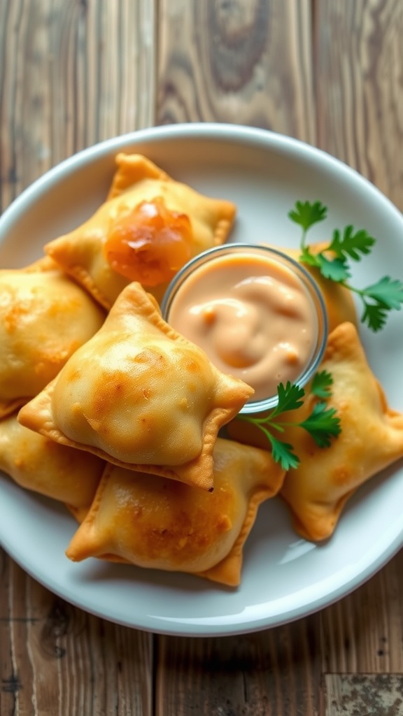 Golden-brown potato knishes filled with creamy mashed potatoes, served on a rustic plate with dipping sauce.